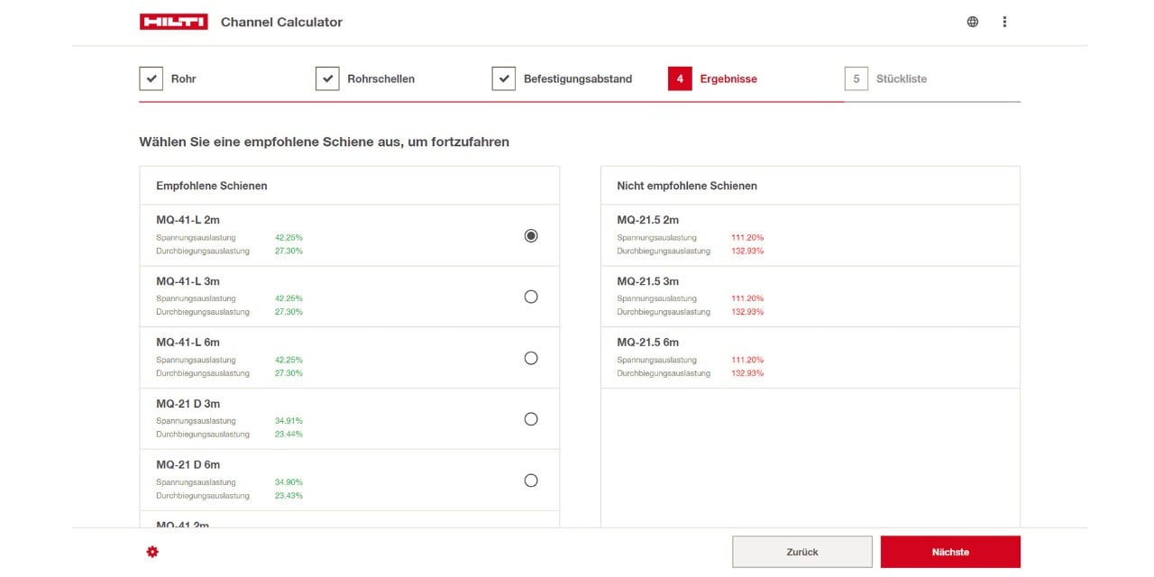 Channel Chalculator - Schienenempfehlung erhalten