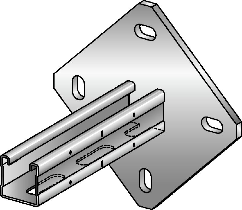 MQK-41/4-F Tűzihorganyozott (HDG) konzol 41 mm magas, egyszeres MQ támasztósínnel, négyszögletres alaplemezzel a nagyobb merevség érdekében